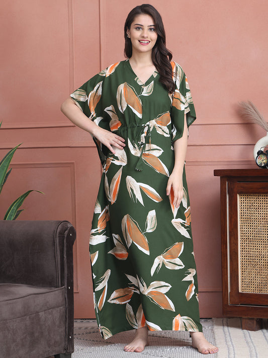 Green Colour Abstract Printed Viscose Rayon Kaftan For Women