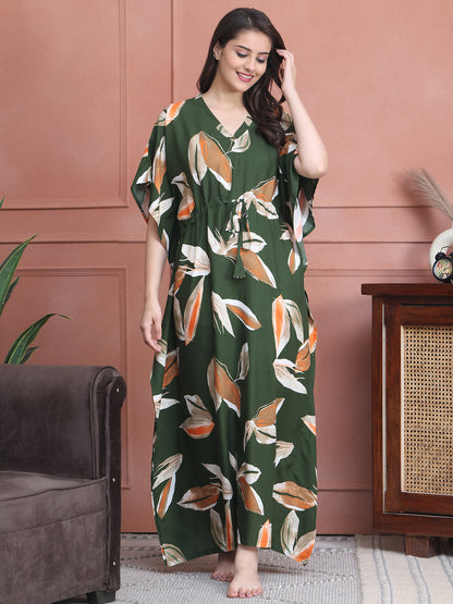 Green Colour Abstract Printed Viscose Rayon Kaftan For Women