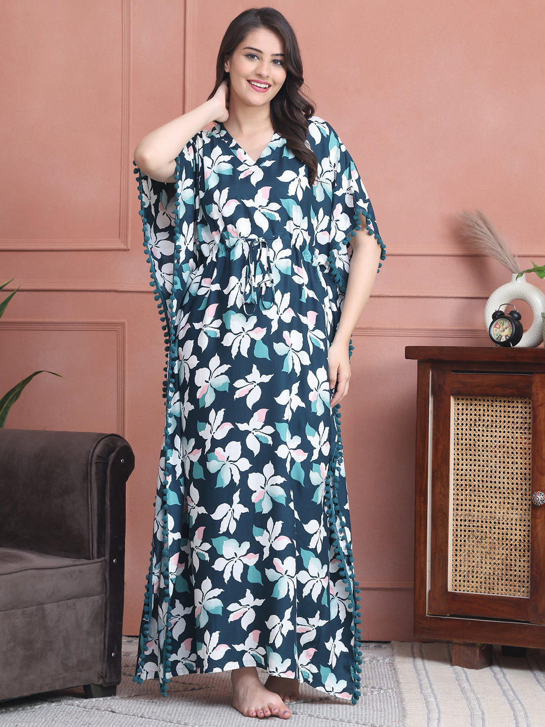 Green Colour Abstract Printed Viscose Rayon Kaftan For Women