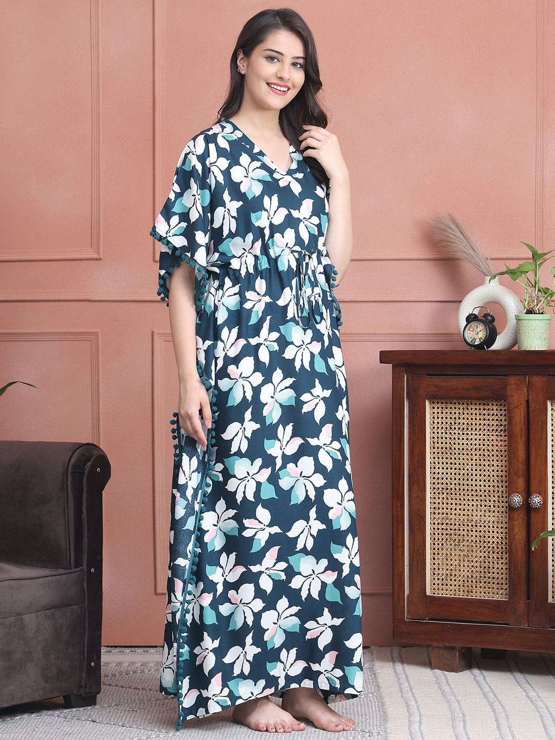 Green Colour Abstract Printed Viscose Rayon Kaftan For Women
