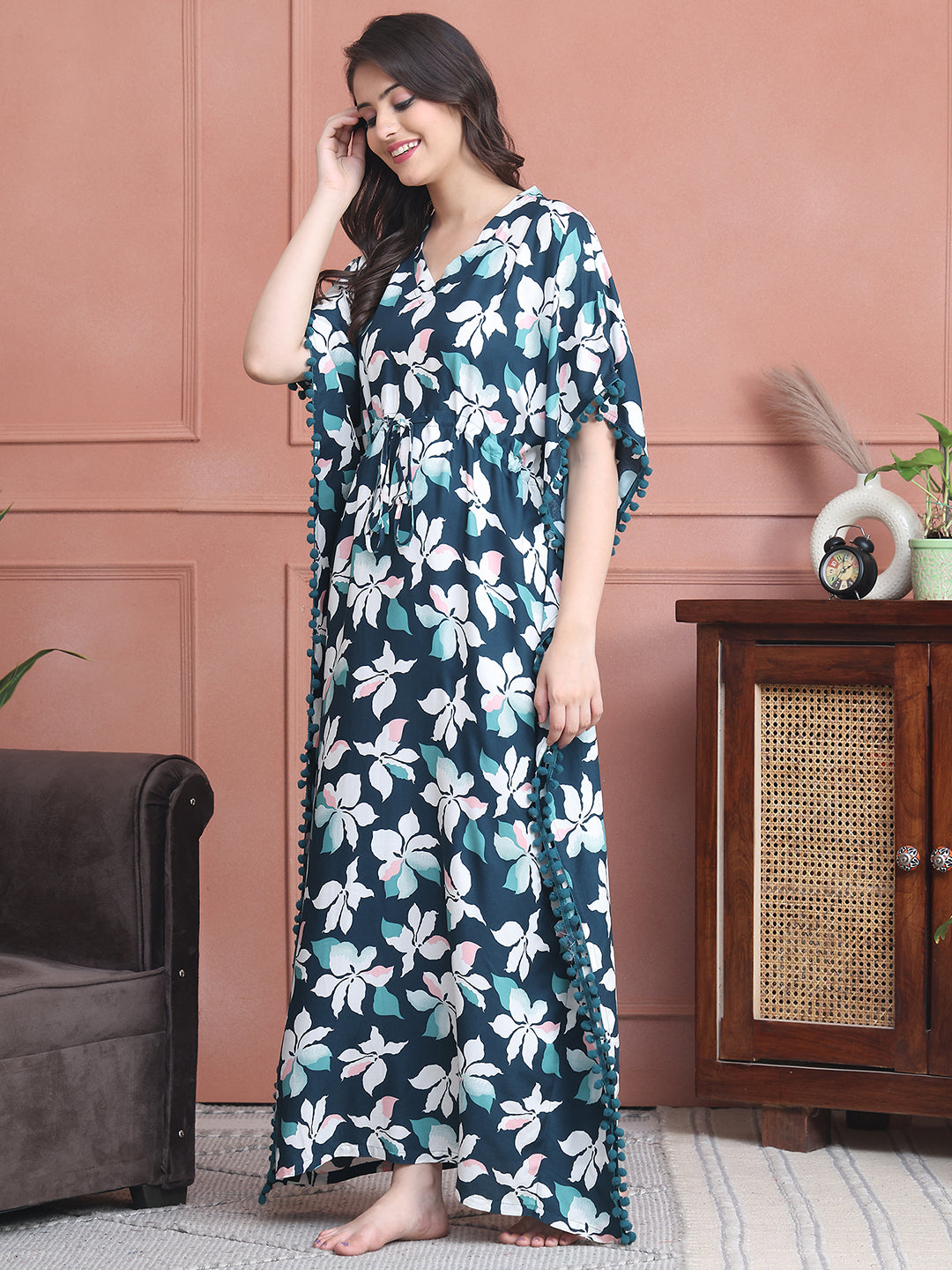 Green Colour Abstract Printed Viscose Rayon Kaftan For Women