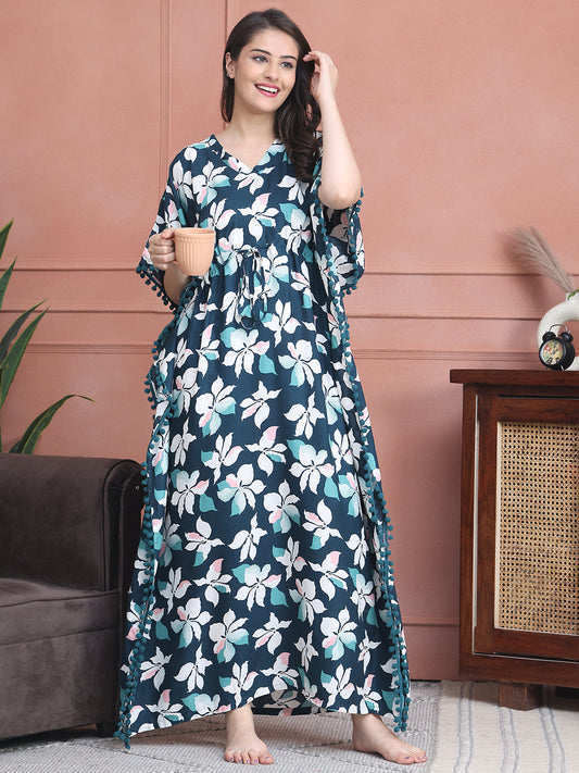 Green Colour Abstract Printed Viscose Rayon Kaftan For Women