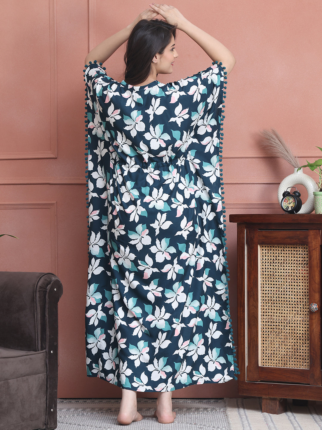 Green Colour Abstract Printed Viscose Rayon Kaftan For Women