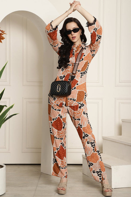 Brown Abstract Printed Viscose Rayon Co-Ord Set for Women