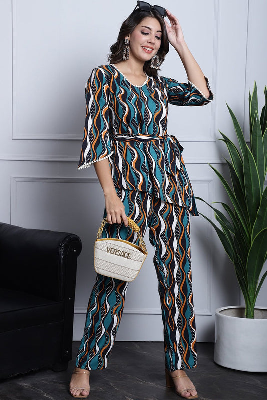 Green, Orange & White Geometric Printed Viscose Rayon Co-Ord Set for Women