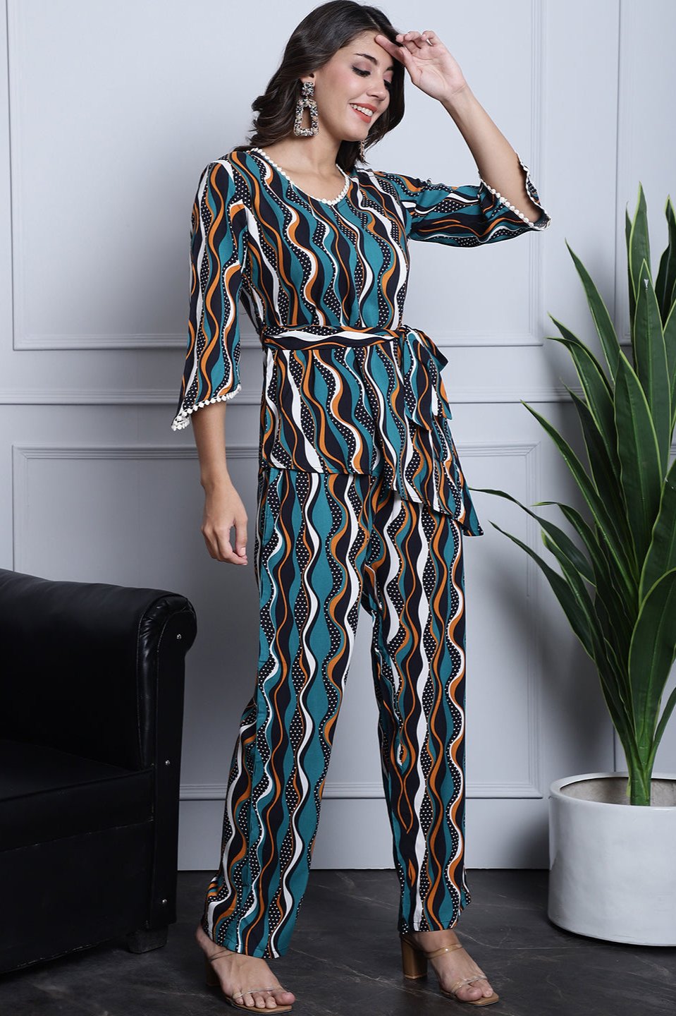 Green, Orange & White Geometric Printed Viscose Rayon Co-Ord Set for Women