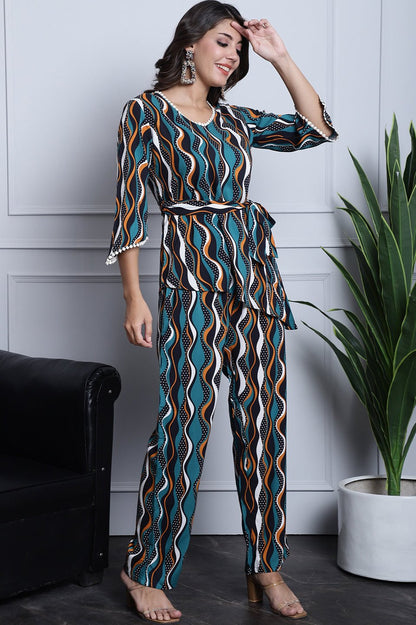 Green, Orange & White Geometric Printed Viscose Rayon Co-Ord Set for Women