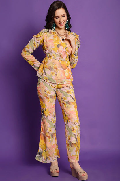 Yellow Floral Printed Georgette Top with Palazzo Co-Ord Set for Women