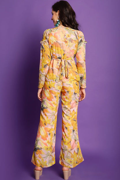 Yellow Floral Printed Georgette Top with Palazzo Co-Ord Set for Women