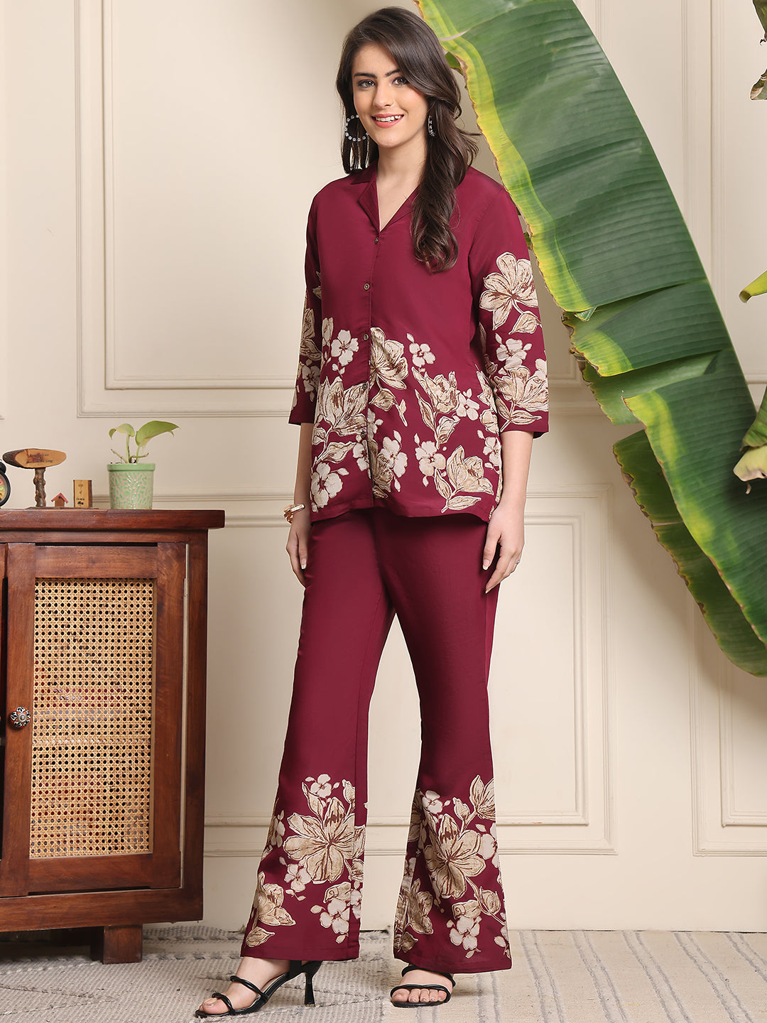 Wine Floral Printed Premium Chanderi Co-Ord Set for Women