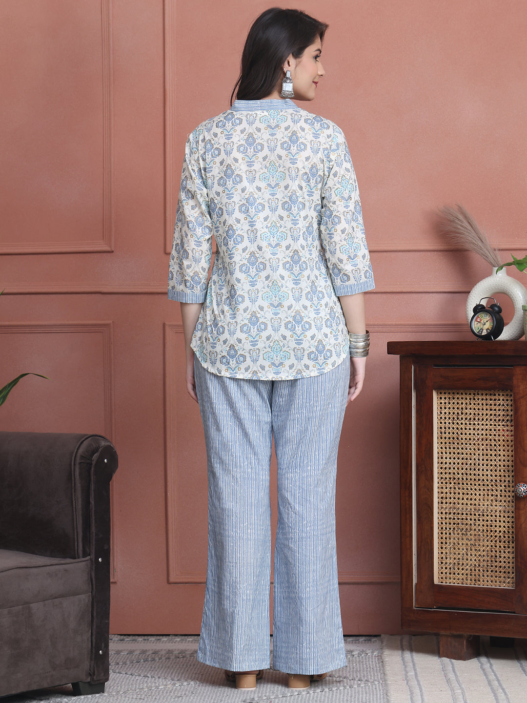 Blue Colour Floral Printed Cotton Co-Ord Set for Women