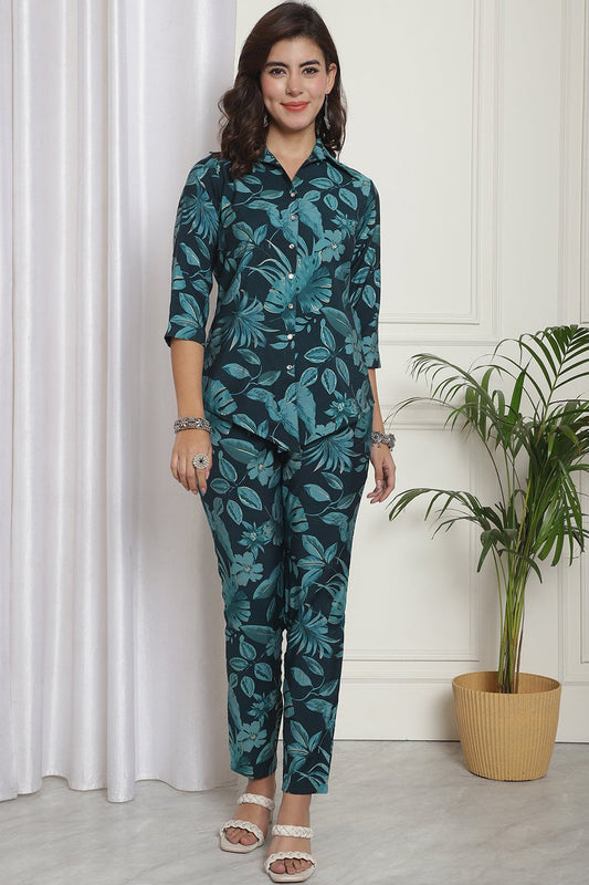 Green Floral Printed Chanderi Silk Co-Ord Set for Women
