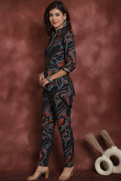 Navy Abstract Printed Chanderi Silk Co-Ord Set for Women