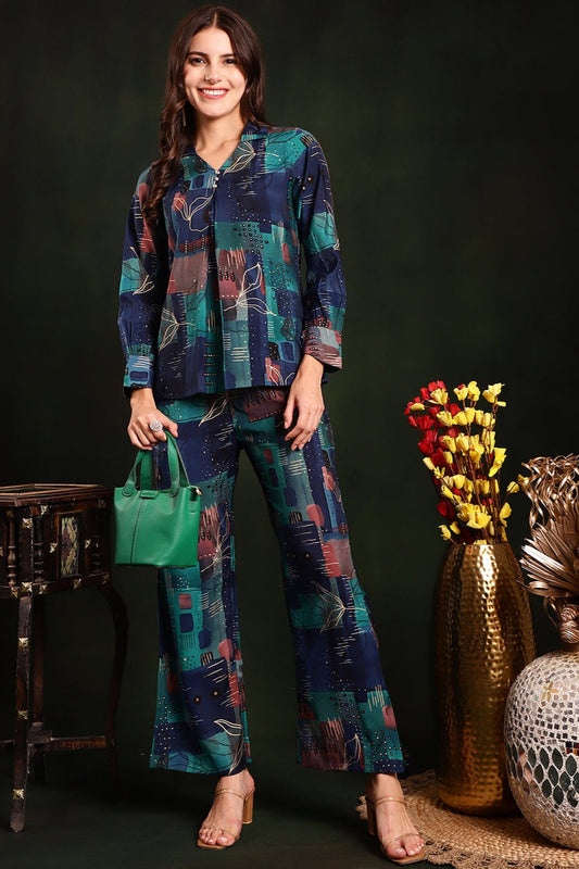 Blue Printed Premium Chanderi Silk Co-Ord Set for Women