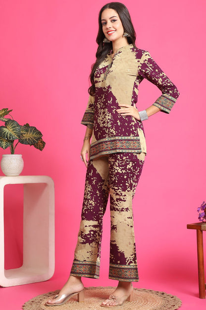 Purple Abstract Printed Premium Chanderi Co-Ord Set for Women