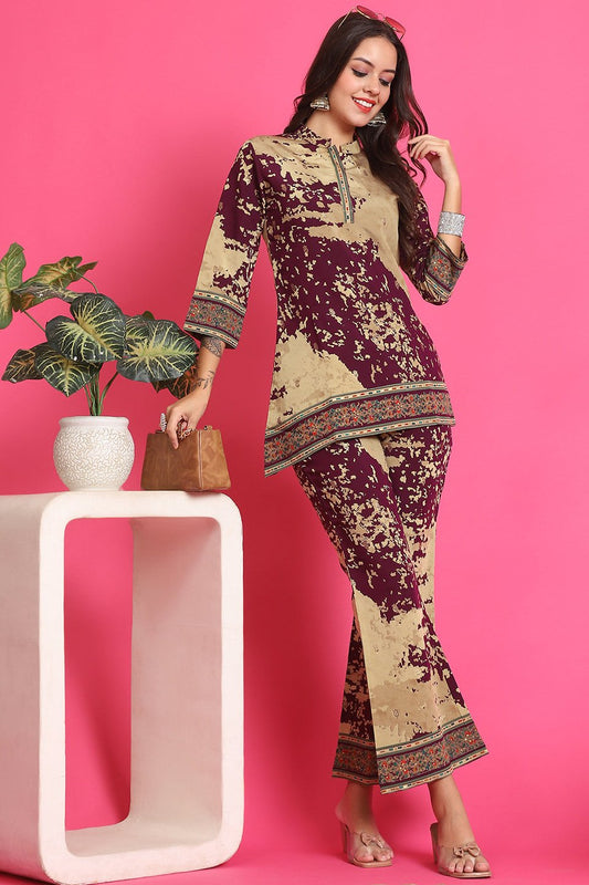 Purple Abstract Printed Premium Chanderi Co-Ord Set for Women