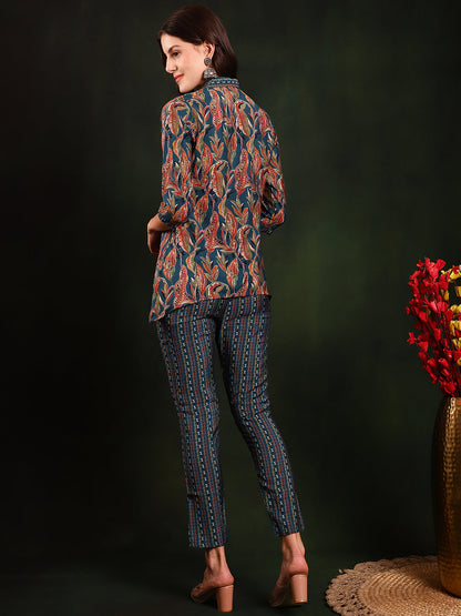 Green Floral Printed Chanderi Silk Tunic with Trousers Co-Ord Set for Women