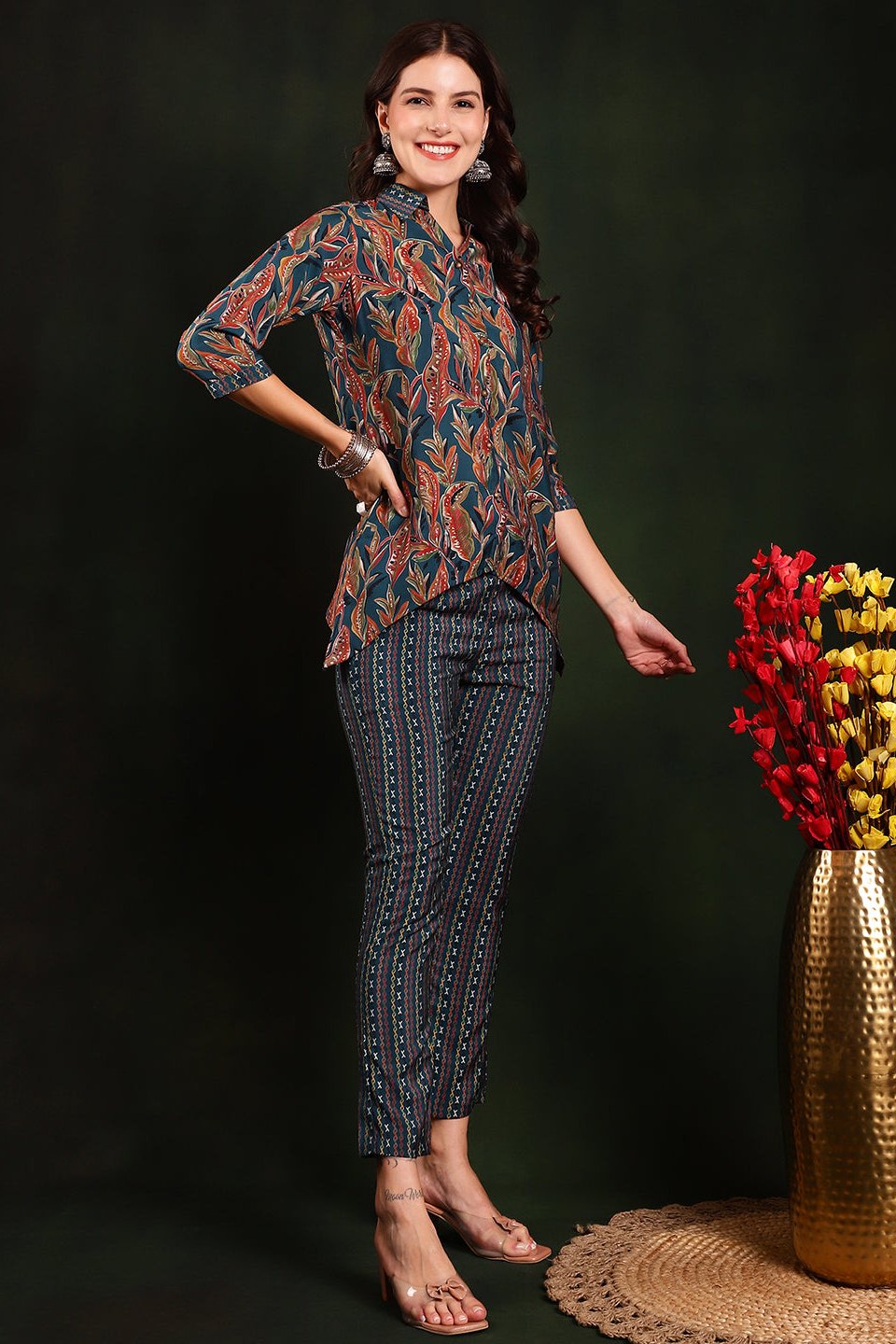 Green Floral Printed Chanderi Silk Tunic with Trousers Co-Ord Set for Women