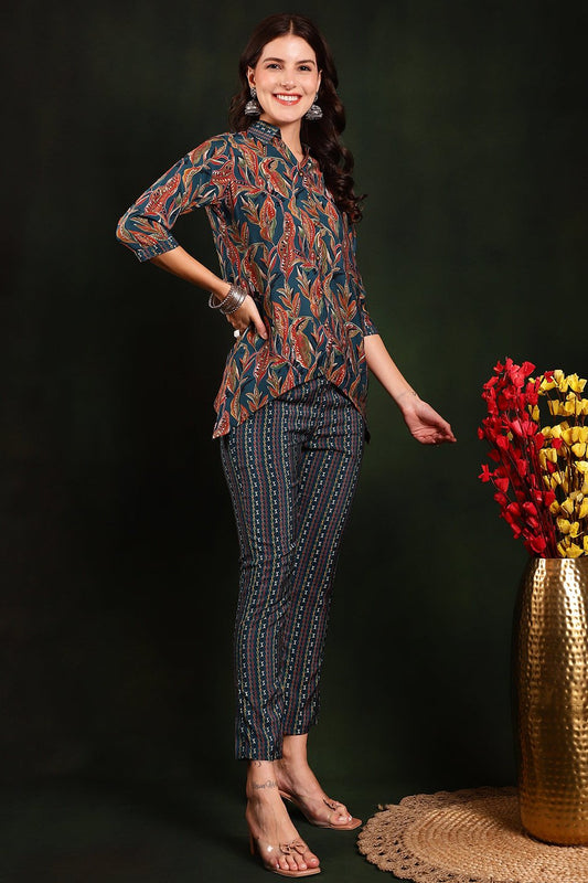 Green Floral Printed Chanderi Silk Tunic with Trousers Co-Ord Set for Women