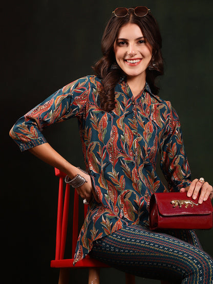 Green Floral Printed Chanderi Silk Tunic with Trousers Co-Ord Set for Women
