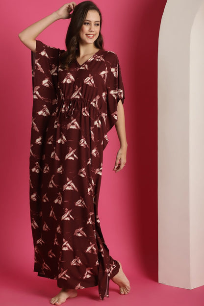 Maroon Colour Printed Viscose Rayon Maxi Kaftan Nightdress