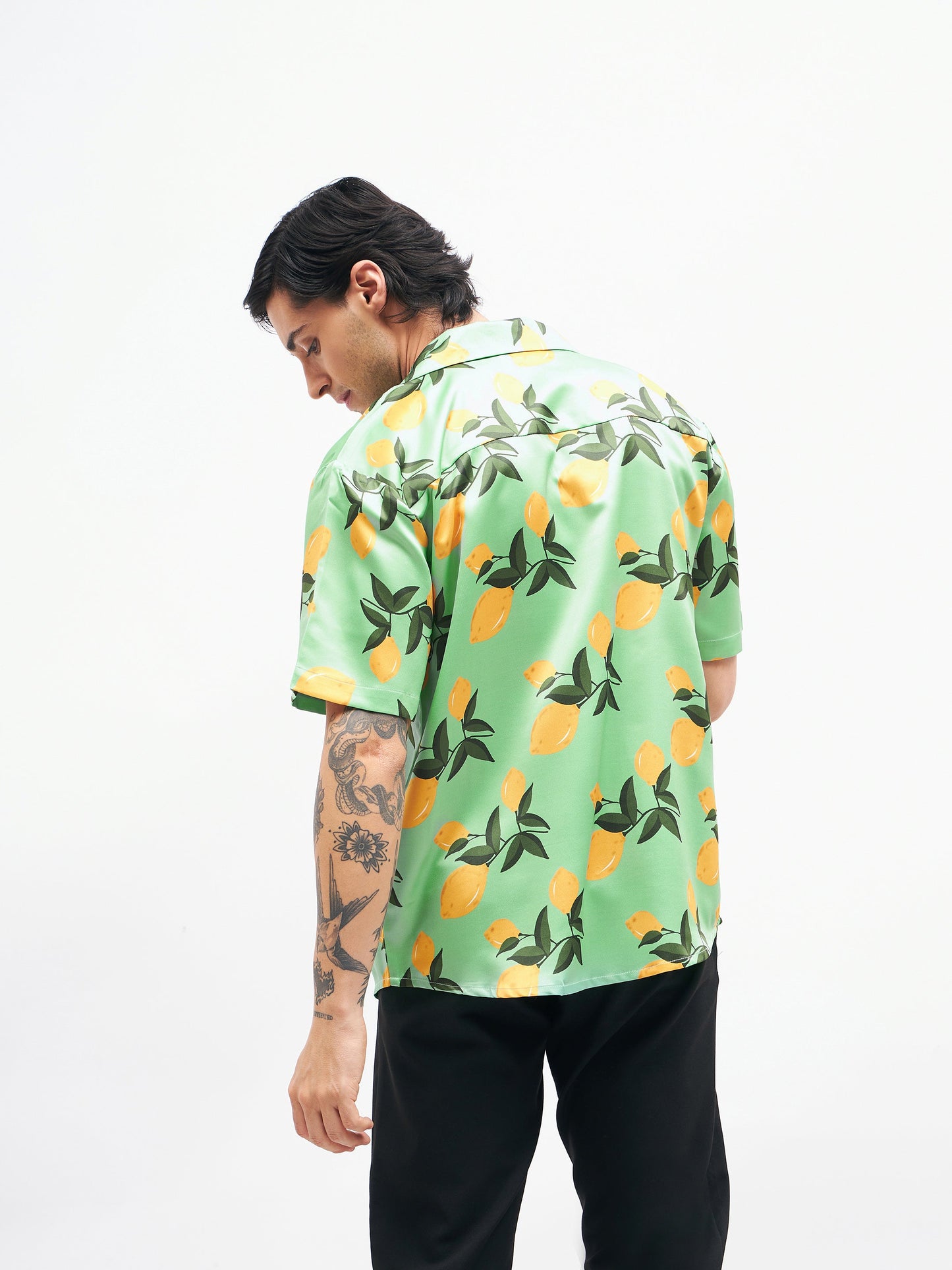 Men Green Tropical Short Sleeves Satin Shirt
