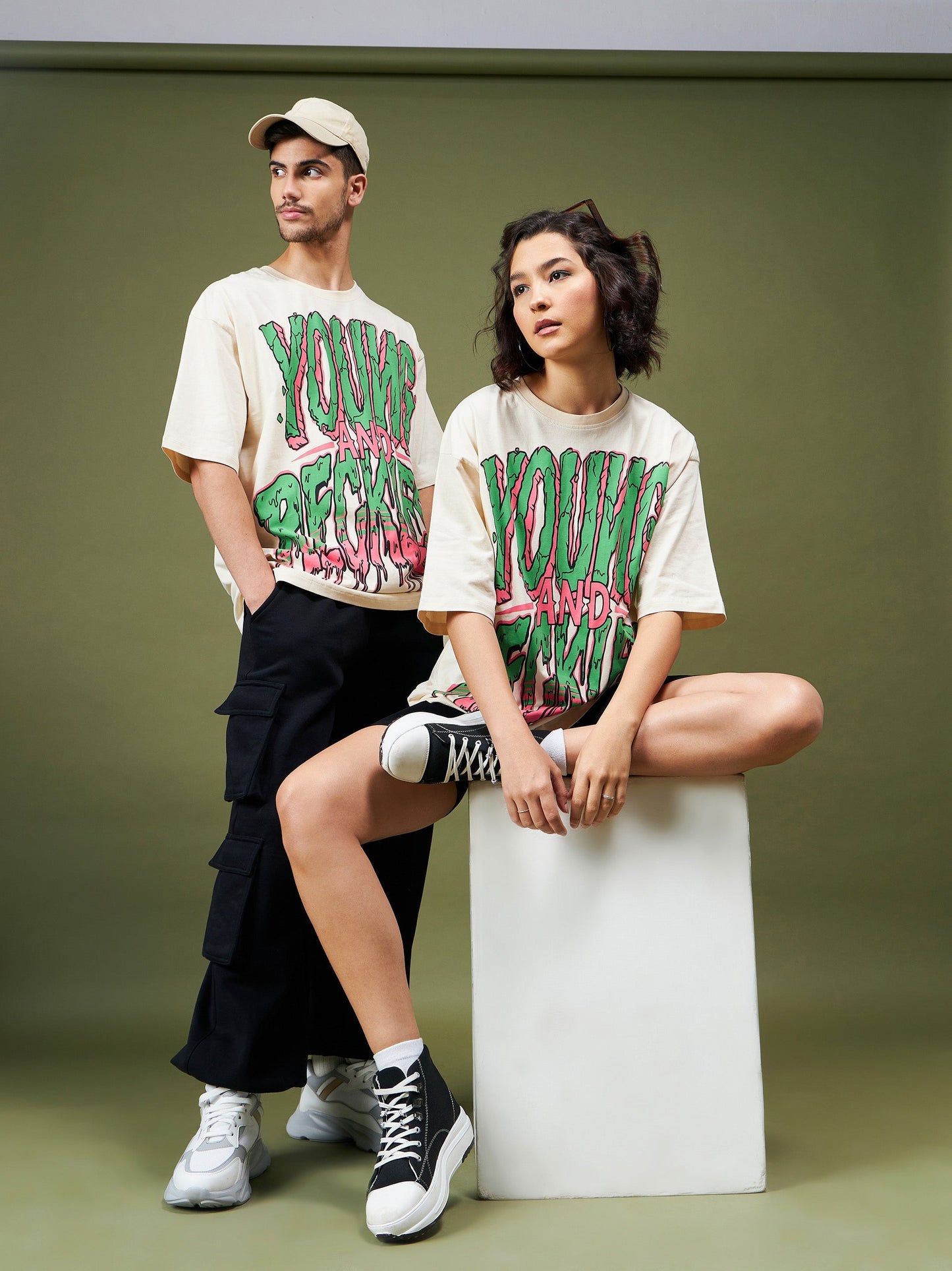 Unisex Beige YOUNG & RECKLESS Oversized T-Shirt