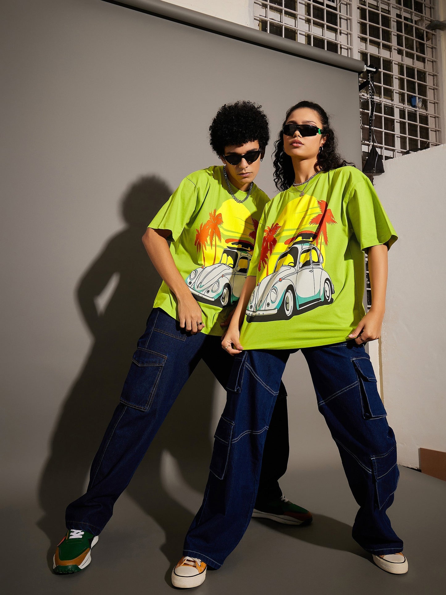 Unisex Green Beetle Car Print Oversized T-Shirt