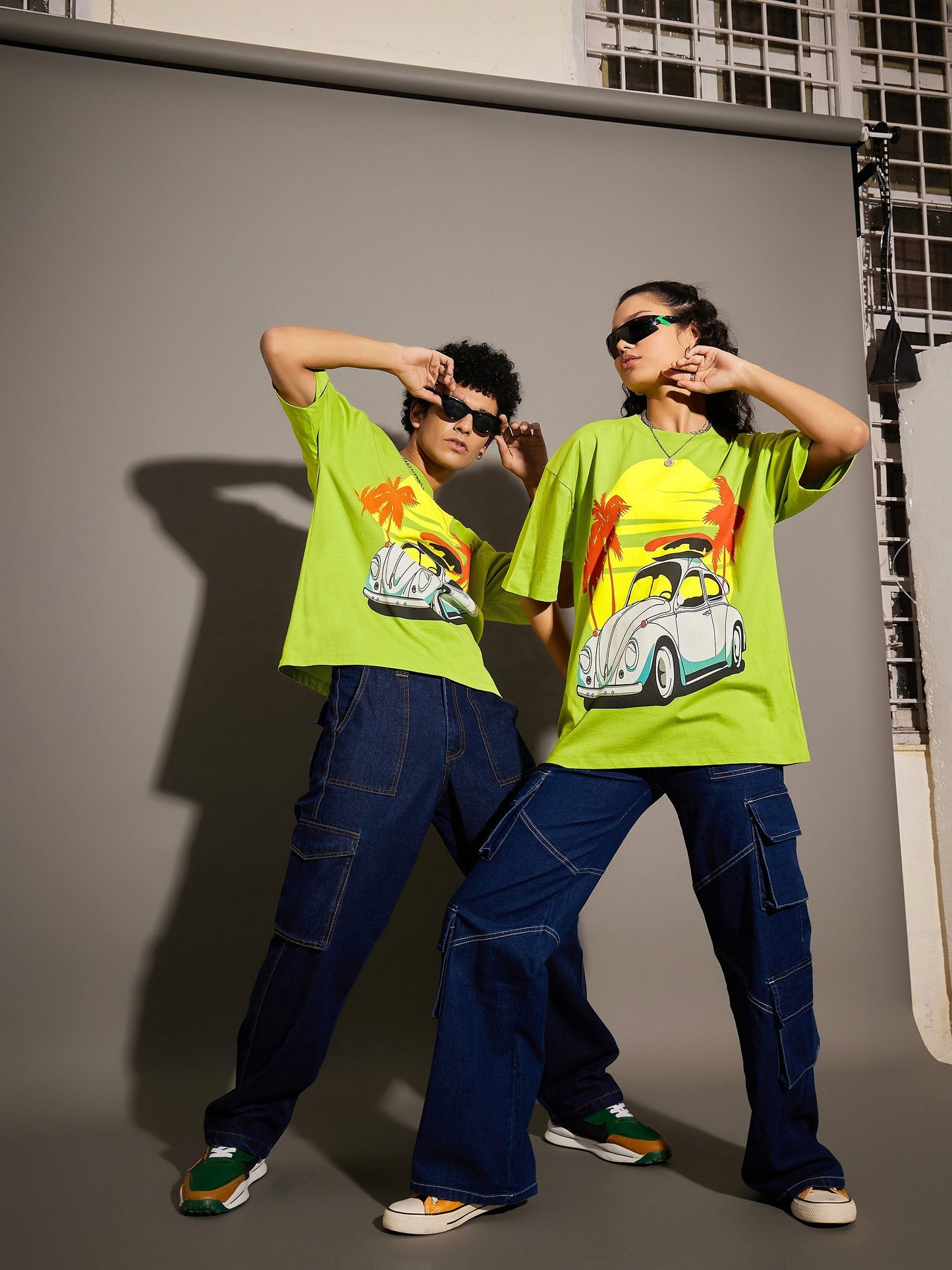 Unisex Green Beetle Car Print Oversized T-Shirt