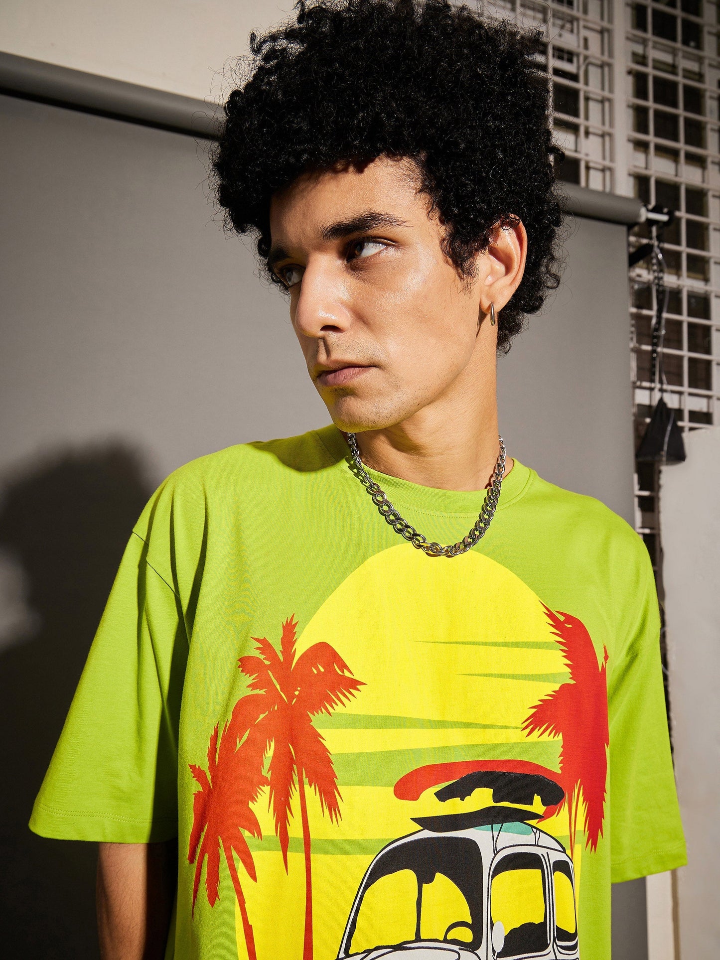 Unisex Green Beetle Car Print Oversized T-Shirt