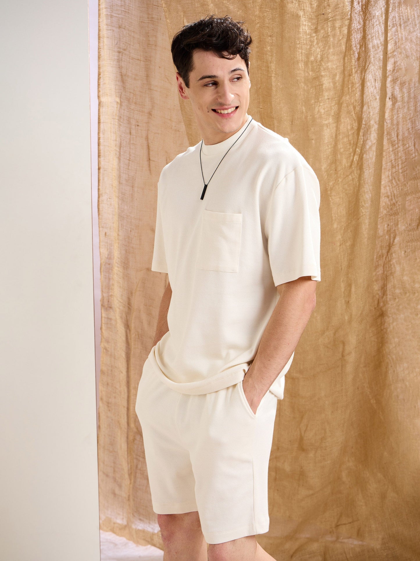 Men White Waffle Front Pocket Oversize T-Shirt