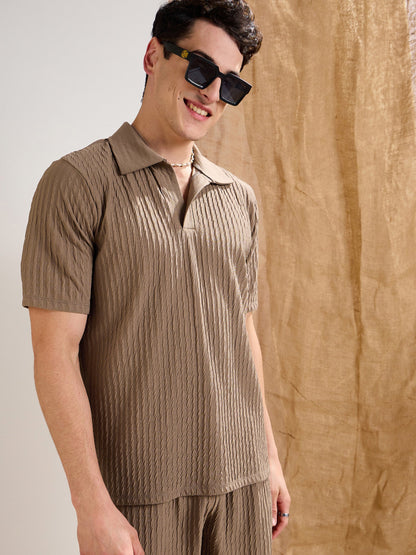 Men Beige Textured Relax Fit Polo T-Shirt