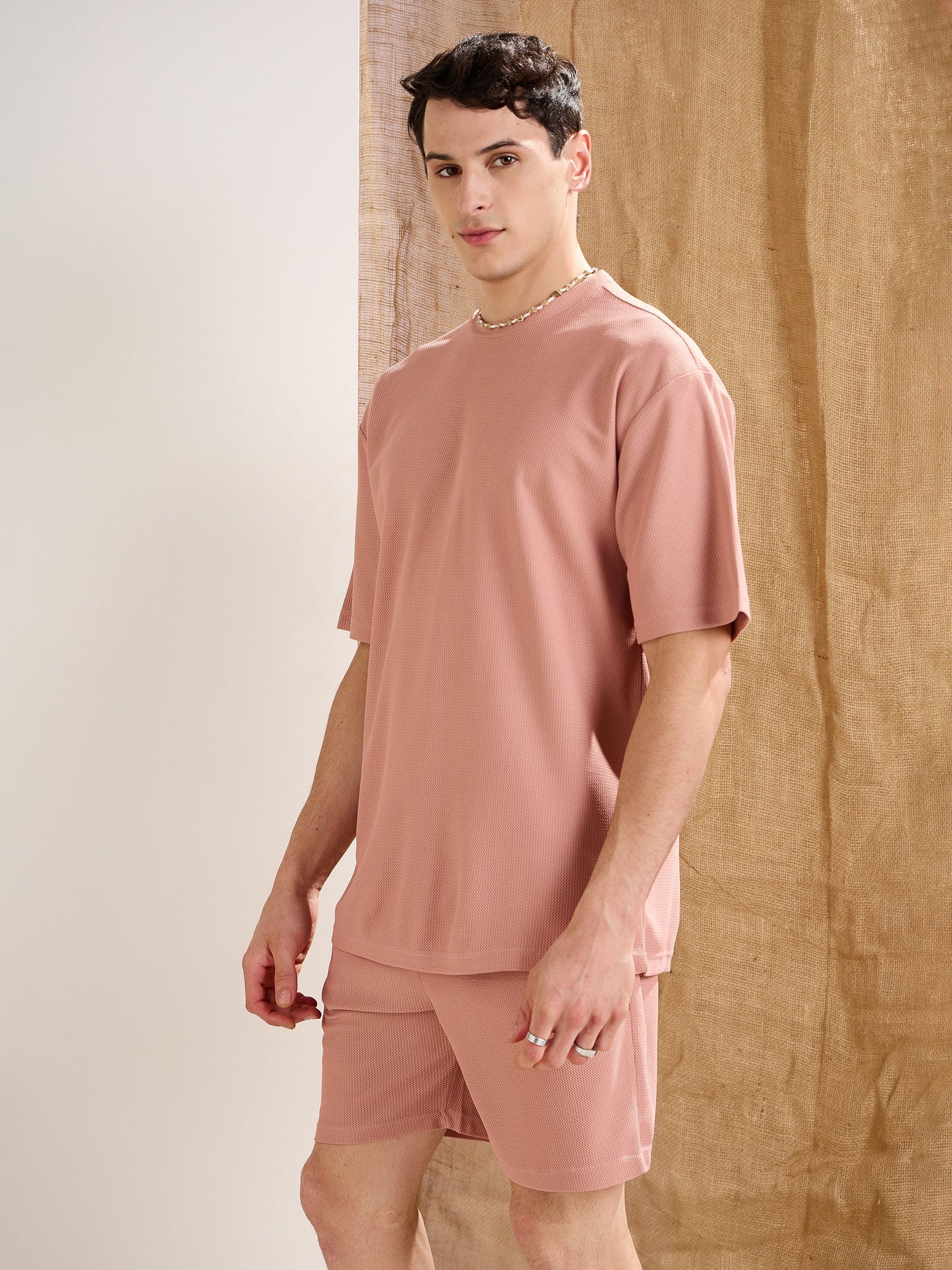 Men Pink Waffle Oversize T-Shirt