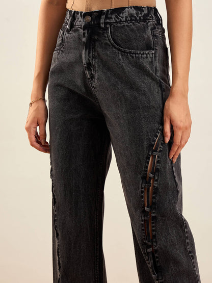Women Black Washed Dori Insert Detail Straight Fit Jeans