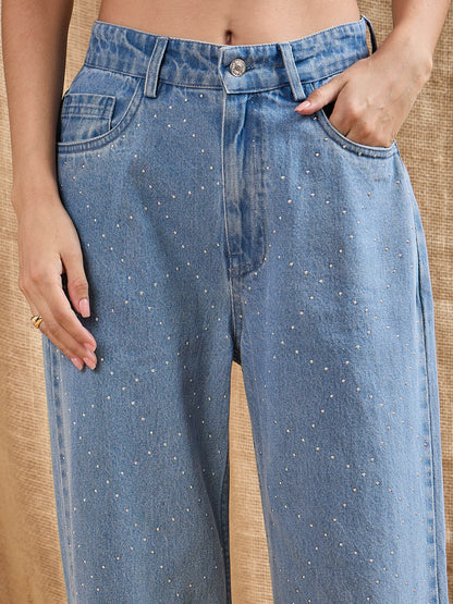 Women Blue Washed Stud Work Straight Fit Jeans