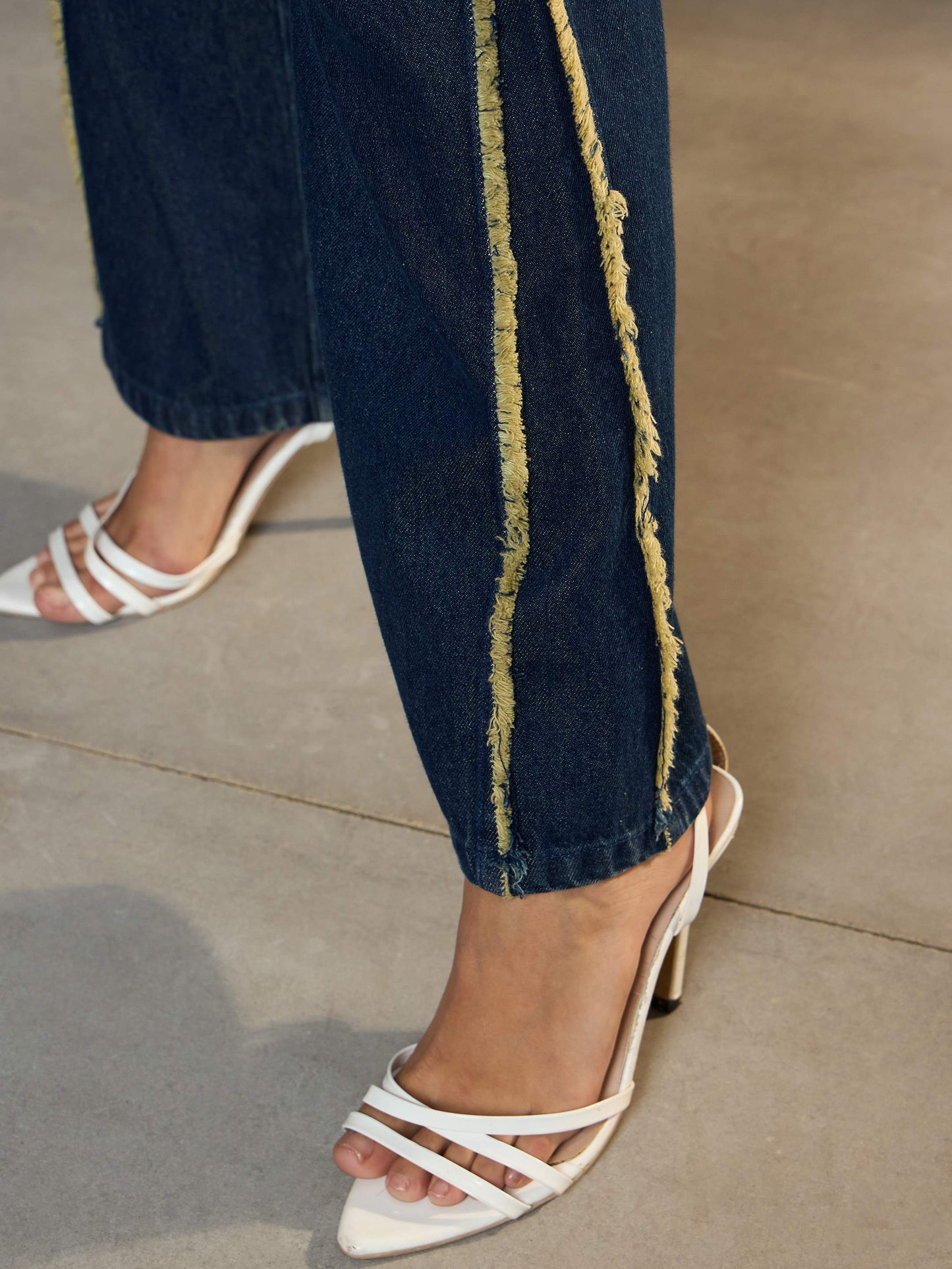 Women Nevy Blue Fringed Straight Fit Jeans