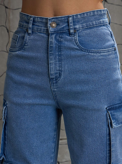 Women Blue Denim Multi Pockets Cargo Jeans