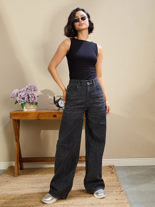 Women Black Wash High Waist Straight Fit Jeans