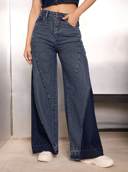 Women Blue Washed ColorBlock Wide Leg Jeans
