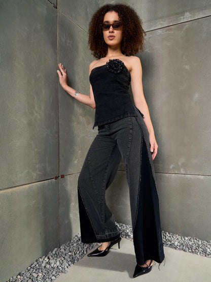 Women Black Washed ColorBlock Wide Leg Jeans