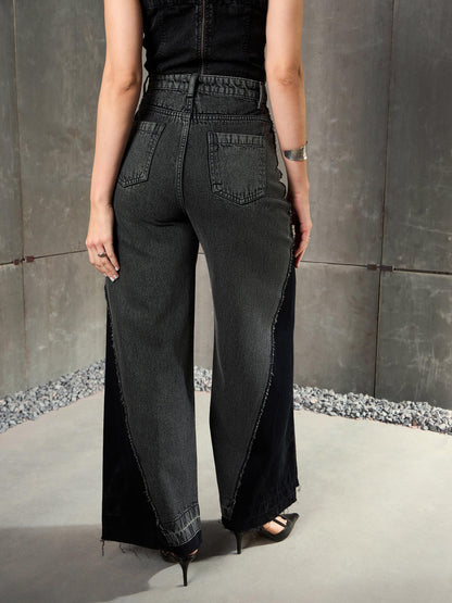Women Black Washed ColorBlock Wide Leg Jeans
