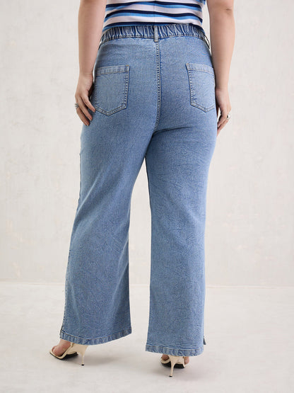 Women Ice Blue Hem Slit Straight Jeans
