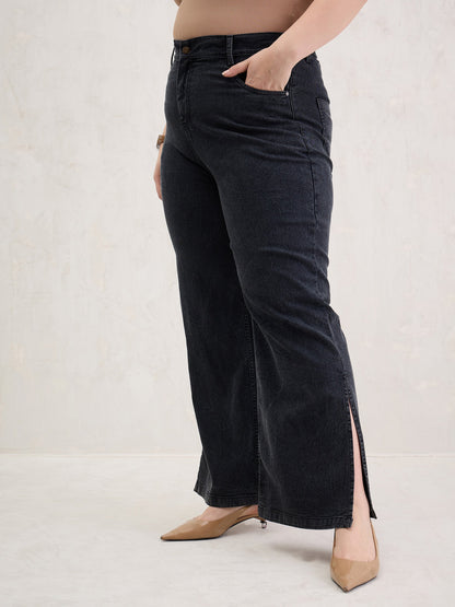 Women Black Blast Hem Slit Straight Jeans