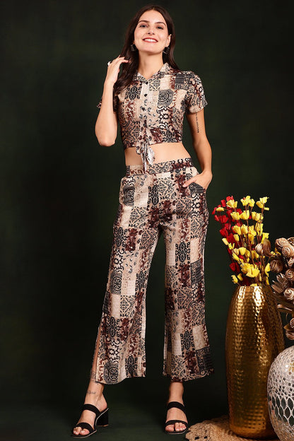 Brown & Black Motif Printed Viscose Rayon Co-Ord Set for Women