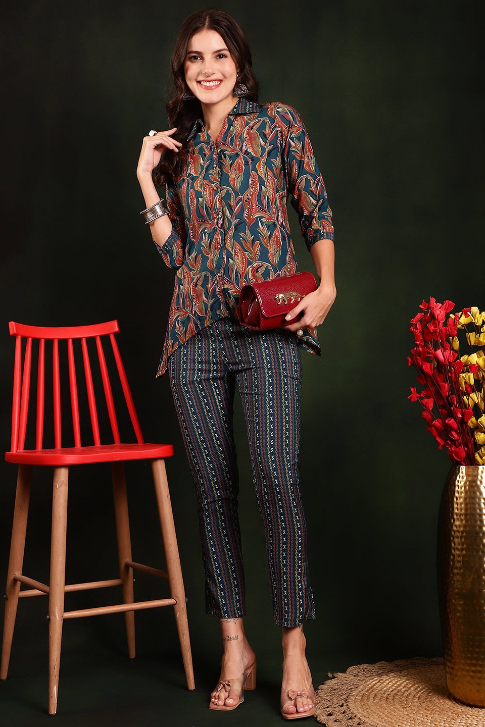 Green Floral Printed Chanderi Silk Tunic with Trousers Co-Ord Set for Women