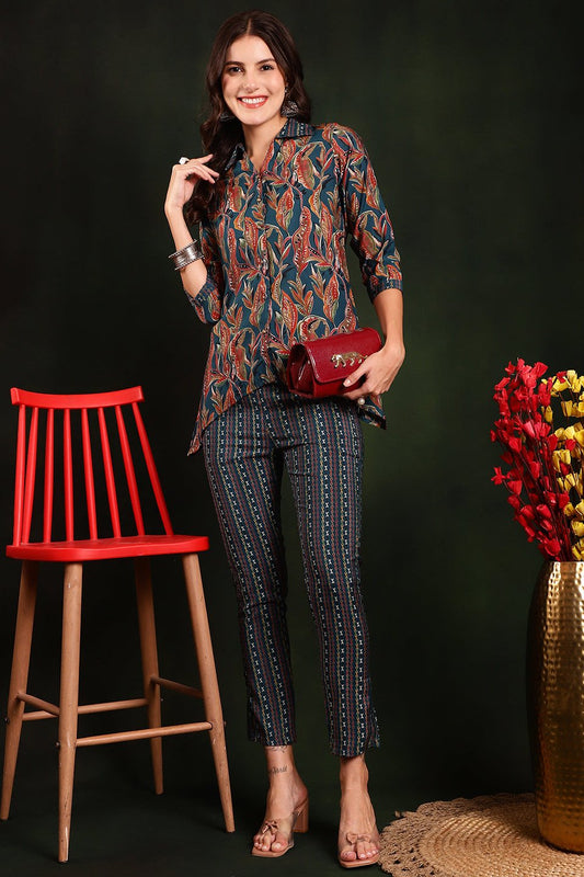 Green Floral Printed Chanderi Silk Tunic with Trousers Co-Ord Set for Women
