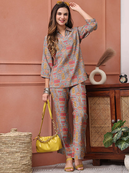 Grey Abstract Printed Chanderi Silk Co-Ord Set for Women