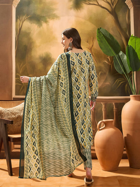 Green Geometric Printed Cotton Blend Straight Kurta Pant Dupatta Set