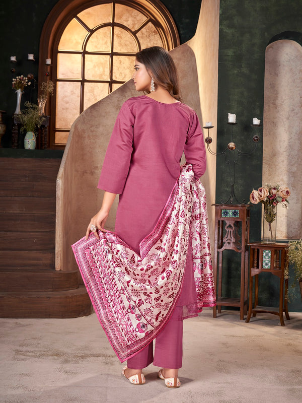Rose Pink Solid & Embroidered Silk Blend Straight Kurta Pant Dupatta Set