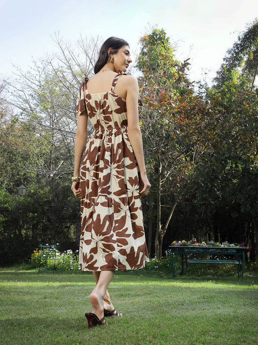 Stylum Women's Brown Floral Printed Cotton A-Line Dress